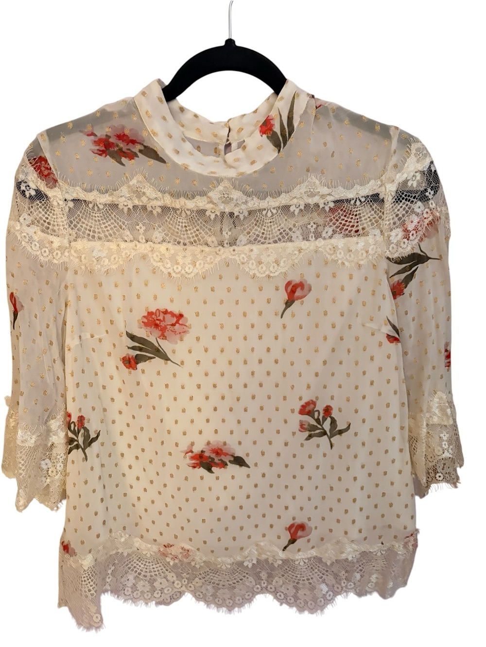 VILA Ivory Sheer Blouse with Pink Floral Print and Gold Dots